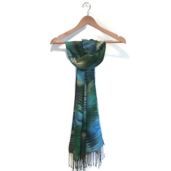 Scarf with abstract pattern in blues & green - Picture 4 of 10